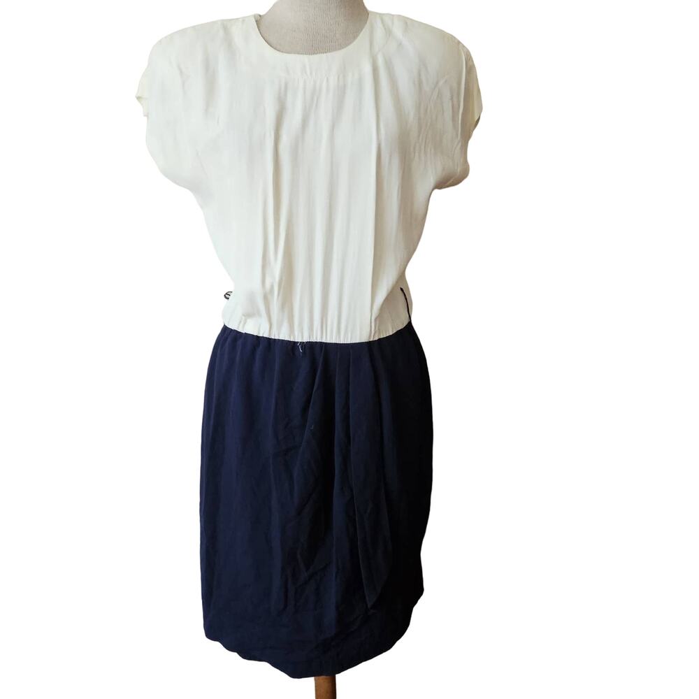 Vintage Cream and Navy Blue Short Sleeve Dress Size 12